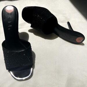 DKNY Women's 3 inch, black seqin, gold peep toe sandal